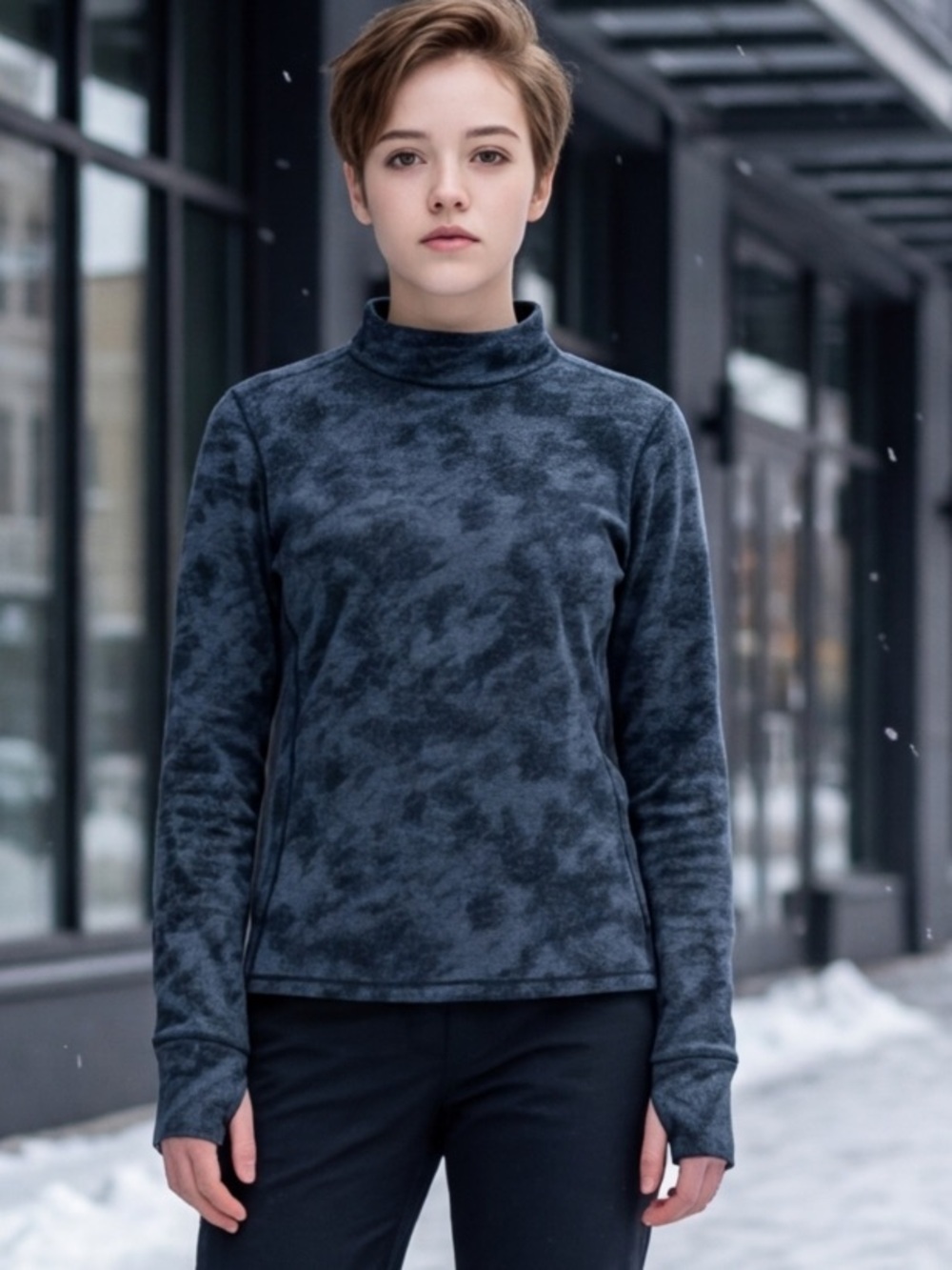 NWT The North Face SZ L black/gray “camo like” print mock neck layering top. - Picture 1 of 7